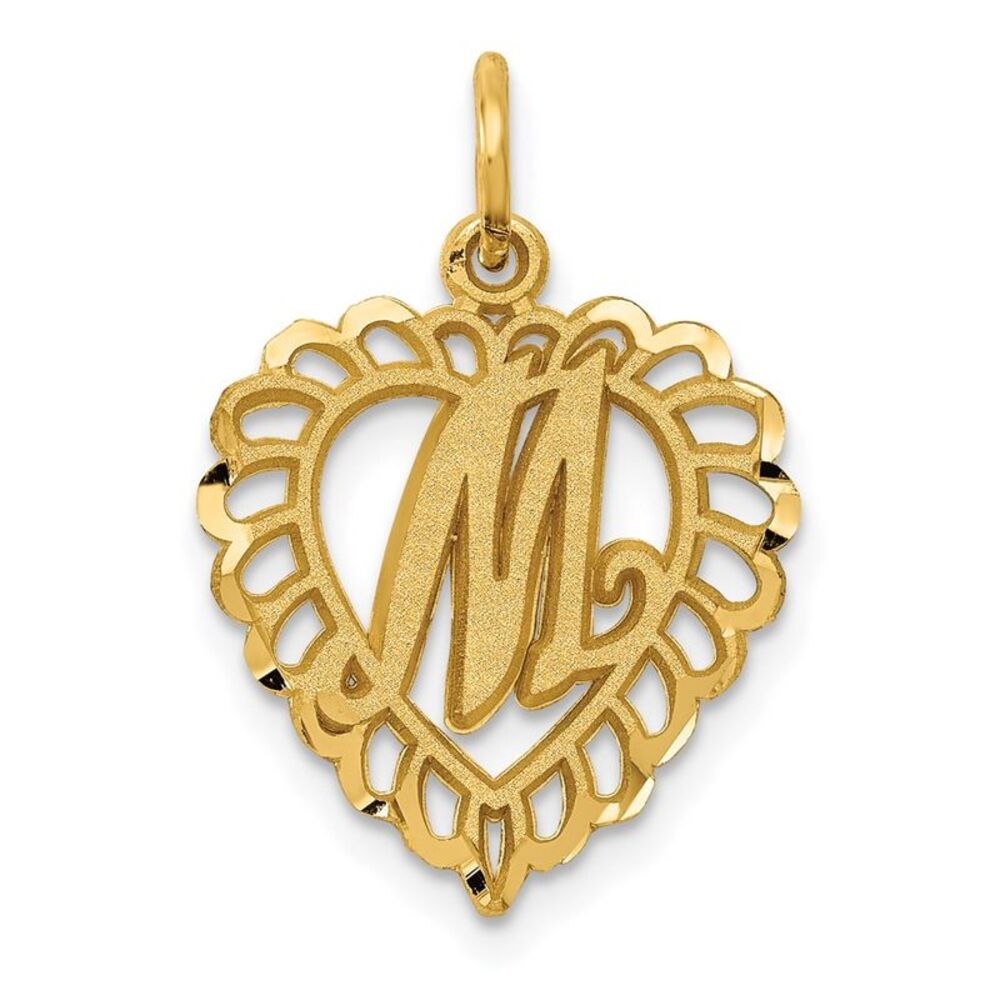 14k Yellow Gold, Grace Collection, Satin Heart Initial M Pendant, 15mm